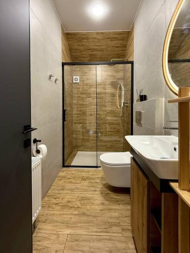 a bathroom with a shower and a toilet and a sink at Savanna Mountain forest resort in Yablunytsya