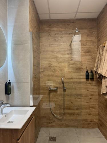 a bathroom with a shower and a sink at AD Luxe Lake Suite in Ohrid