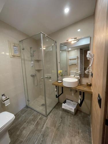a bathroom with a shower and a sink at El Portalet de Can Rialla in Santa Pau