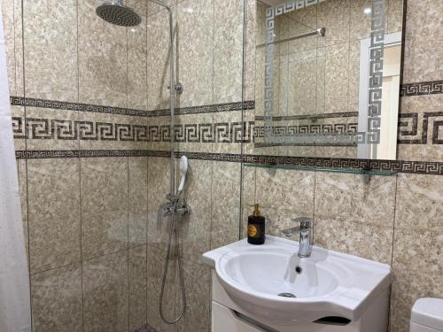 a bathroom with a shower and a sink and a shower at Central Luxury Apartments in Chişinău