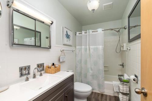 a bathroom with a sink and a toilet and a shower at Beach Glass in Saugatuck