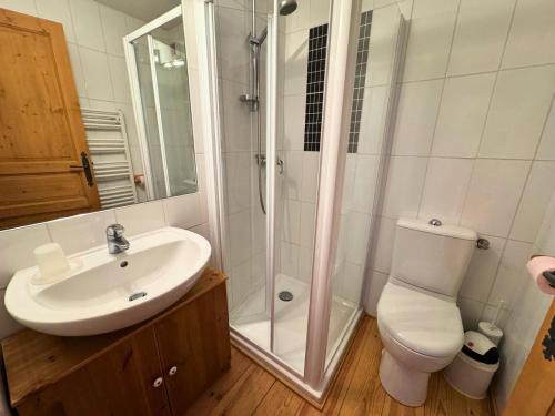 a bathroom with a shower and a toilet and a sink at Chalet Chardons - Chalet Authentique proche des 3 Vallées MAE-3704 in Saint-Martin-de-Belleville