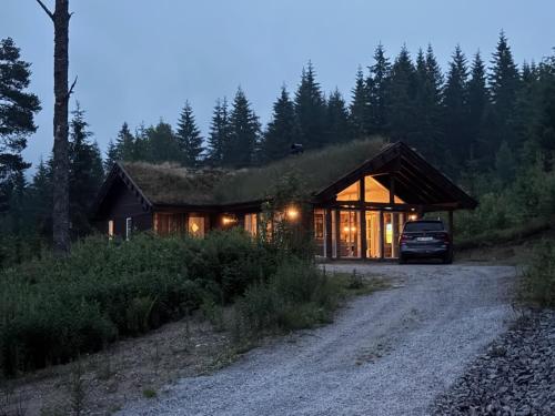 a house with a grass roof with a car parked in front at Nystul Panorama in Lona