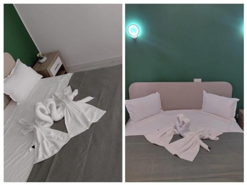 two pictures of a bed with towels on it at Casa Carina in Brăila