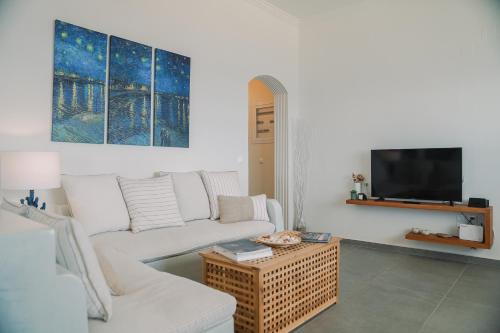 a living room with a white couch and a tv at Xrisopigi Moonlight House Sifnos in Chrisopigi