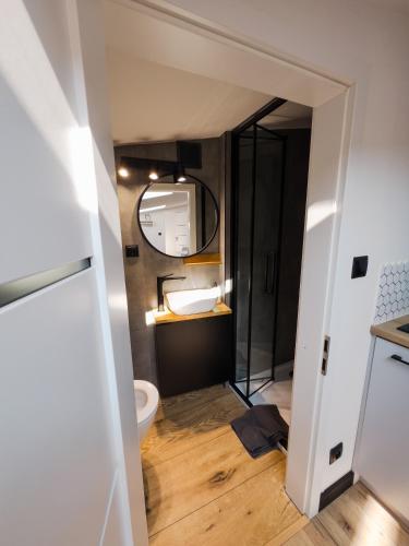 a bathroom with a toilet and a mirror at Apartament Green in Rzeszów
