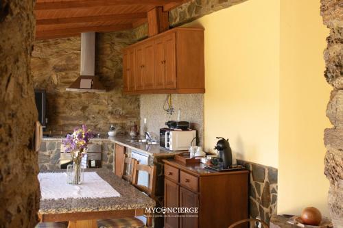 a kitchen with wooden cabinets and a counter top at Casa do Passadiço in Espiunca