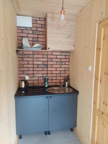 a kitchen with a sink and a brick wall at Willa Ozark in Zawóz