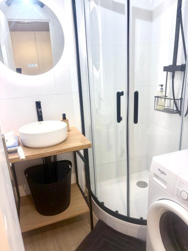 une salle de bain avec douche et lavabo et une machine à laver dans l'établissement Marina Baie des Anges, à Villeneuve-Loubet
