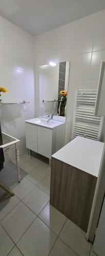 une salle de bain blanche avec un lavabo et un miroir dans l'établissement T2 42 m2 private residence parking, au Cannet