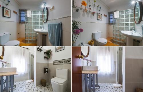 four pictures of a bathroom with a sink and a toilet at Cubo's Casa Rural Mar Verde in Adamuz