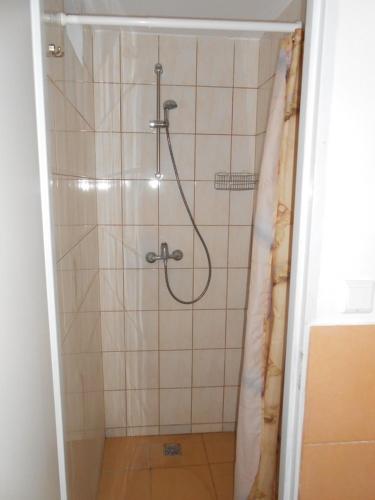 a shower with a shower curtain in a bathroom at Domek letniskowy "BRDA" - Ostoja Ślesin in Półwiosek Stary