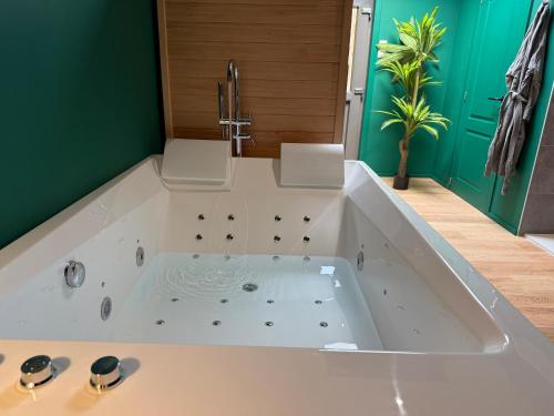 a bath tub in a bathroom with a green wall at Capsule Avatar - Balneo Sauna Projecteur Nintendo in Mons