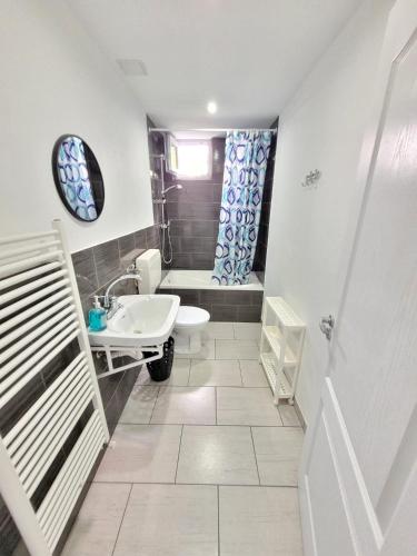 a bathroom with a sink and a toilet and a tub at Vila Toscana in Eforie Nord