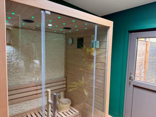 a sauna with a green wall and green lights at Capsule Avatar - Balneo Sauna Projecteur Nintendo in Mons