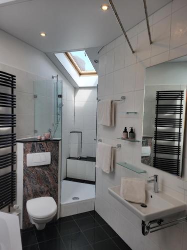 a bathroom with a sink and a toilet and a shower at Helle gemütliche DG Wohnung, 88qm, klimatisiert in Philippsburg