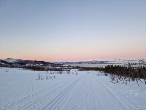 a snow covered field with tracks in the snow at Warm and cosy apartment in Tromsø