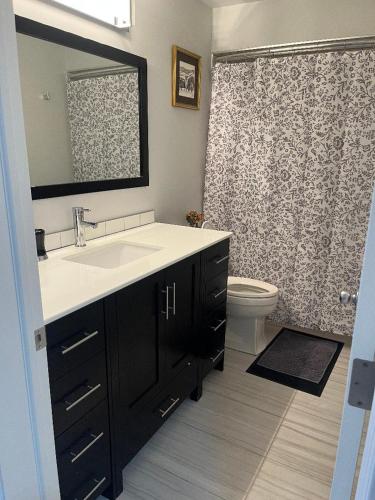 a bathroom with a sink and a toilet at Cozy and comfy 1 BEDROOM basement suite at Cougar ridge SW Calgary in Calgary
