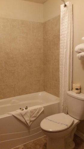 a bathroom with a toilet and a bath tub with a toilet at Chinook Country Inn in Sundre