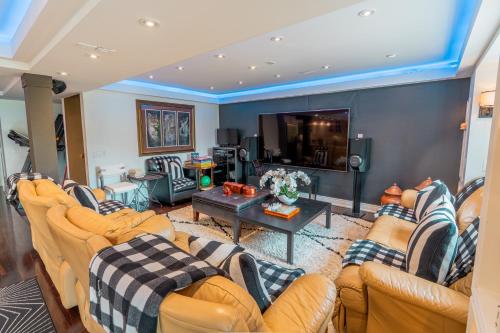a living room with couches and a tv at Richmond Hill Ravine Retreat in Richmond Hill