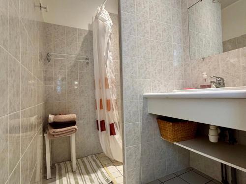a bathroom with a shower and a sink at Gîte tout inclus avec terrasse, jardin et parkings, proche Puy-en-Velay et chemins de randonnée. - FR-1-582-323 in Séneujols