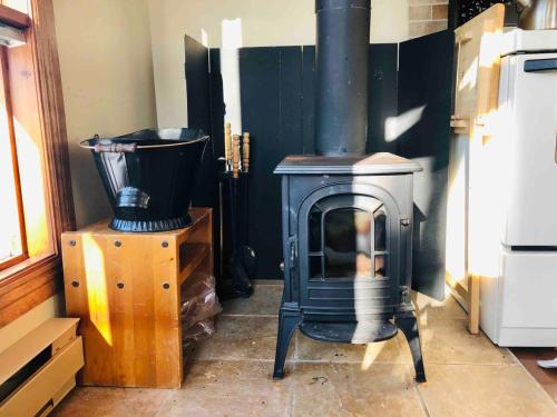 a black stove in a kitchen with a blender at Le Tiny loft ski in ski out in Mont-Tremblant