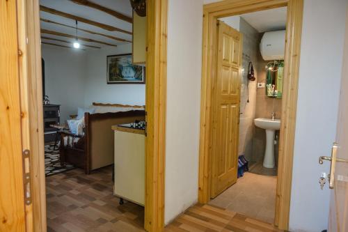 a hallway with a kitchen and a sink in a room at Dikellari Guest House in Pogradec