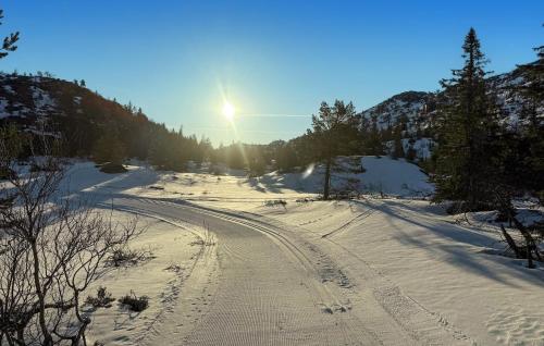 a snow covered road with the sun in the background at Beautiful Home In Dølemo in Austenå