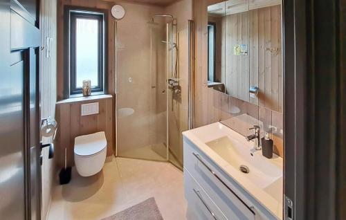 a bathroom with a toilet and a sink and a shower at Beautiful Home In Dølemo in Austenå