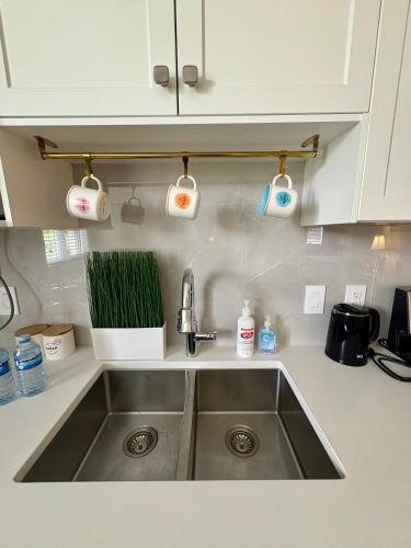 a kitchen counter with a sink and two lights at Home sweet home in Richmond