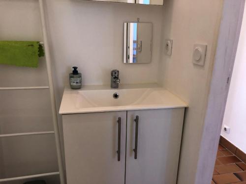 une salle de bain avec un lavabo et un miroir dans l'établissement Appartement cosy, 1 chambre, balcon, proche plage Saint Jean de Monts - FR-1-323-106, à Saint-Jean-de-Monts