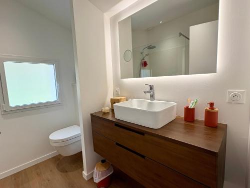 une salle de bain avec un lavabo et des toilettes dans l'établissement Maison spacieuse pour 8 pers, proche mer et forêt - FR-1-323-574, à Saint-Jean-de-Monts
