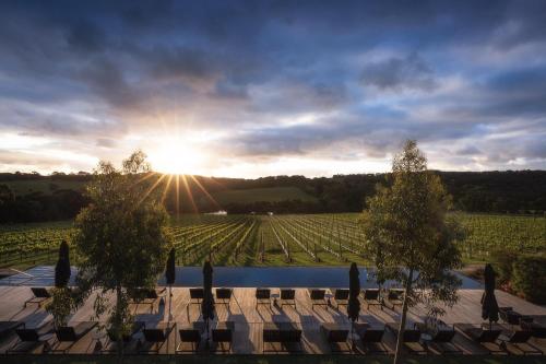 a sunset over a vineyard with a table and chairs at Jackalope Hotel in Merricks North