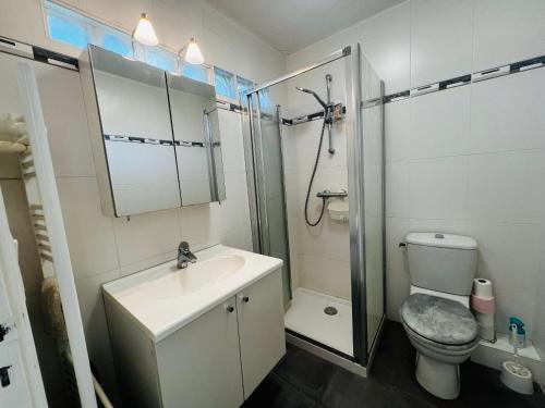 une salle de bain avec toilettes, lavabo et douche dans l'établissement Appartement T2 Cabine - Balcon - Près de la plage - FR-1-309-513, à Argelès-sur-Mer