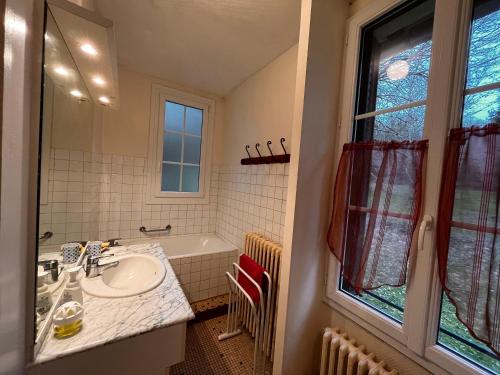 a bathroom with a sink and a bath tub at Maison rénovée en Berry, Parc de la Brenne, jardin - FR-1-591-749 in Saint-Hilaire-sur-Bénaize