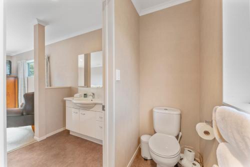 a bathroom with a toilet and a sink at Soak & Stay Acacia Bay - spa, pet, family friendly in Taupo