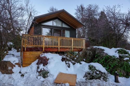 une cabine dans les bois dans la neige dans l'établissement Little Nest - Hot tub under the galaxy, à Lac Tekapo