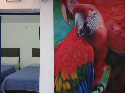 a painting of a red parrot next to a bedroom at Vista Farallones Hostel in Jardin
