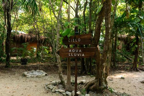 a street sign in the middle of a forest at Ku kuk Glamping in Chemuyil