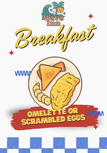 Un logotipo de desayuno con un plato de huevos revueltos. en Wave Inn - beach house, en Kuta Lombok