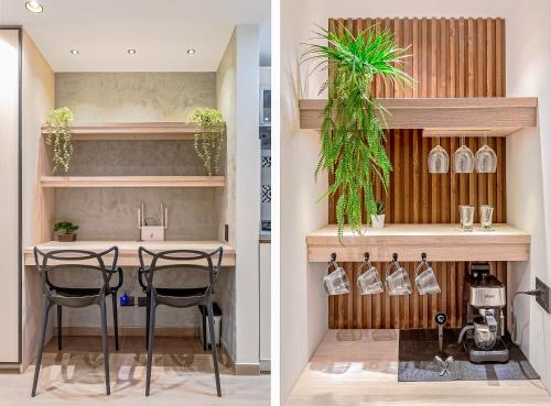 two pictures of a kitchen with a table and chairs at Edificio Habitare Cristales Cali 2 in Cali