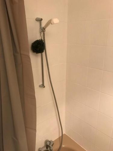 La salle de bains est pourvue d'une douche avec rideau de douche. dans l'établissement STUDIO POINTE DES ARAVIS 4 PERS HTE-SAVOIE, à Saint-Gervais-les-Bains