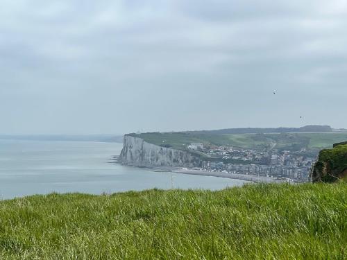 a view of the ocean and a beach with a coast at Gite entre Mer et Vallée à Embreville in Embreville