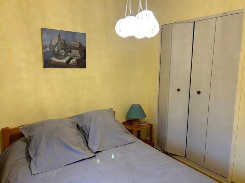 - une chambre avec un lit et une lampe pendant dans l'établissement bungalows les thuyas, à Eugénie-les-Bains