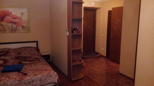 ザポリージャにあるApartment Lux on Prospekt Metallurgovのベッドルーム(ベッド1台、本棚付)