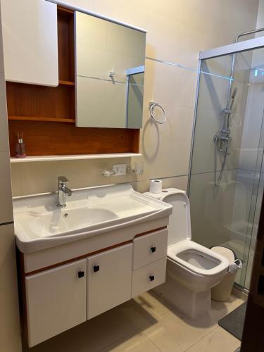 a bathroom with a sink and a toilet and a shower at Departamento de lujo domotizado en la mejor zona de Cochabamba, frente al Paseo Aranjuez in Cochabamba