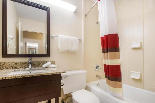 ein Badezimmer mit Waschbecken, Toilette und Spiegel in der Unterkunft Red Roof Inn Winchester - Lexington East in Winchester