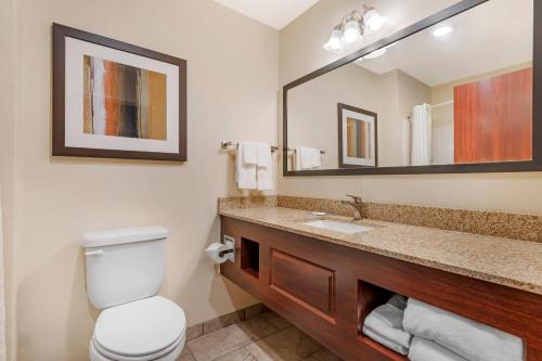 a bathroom with a toilet and a sink with a mirror at Comfort Inn & Suites Morgan - South Ogden in Morgan