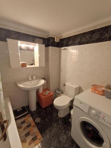 a bathroom with a toilet sink and a washing machine at Watermelon Home in Nea Moudania