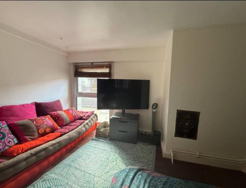 un salon avec un canapé et une télévision à écran plat dans l'établissement Chambre double et petit déjeuner chez l habitant, à Ivry-sur-Seine